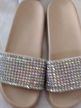 Womens Nude Crystal Slide Sandals - Sparkle Strap